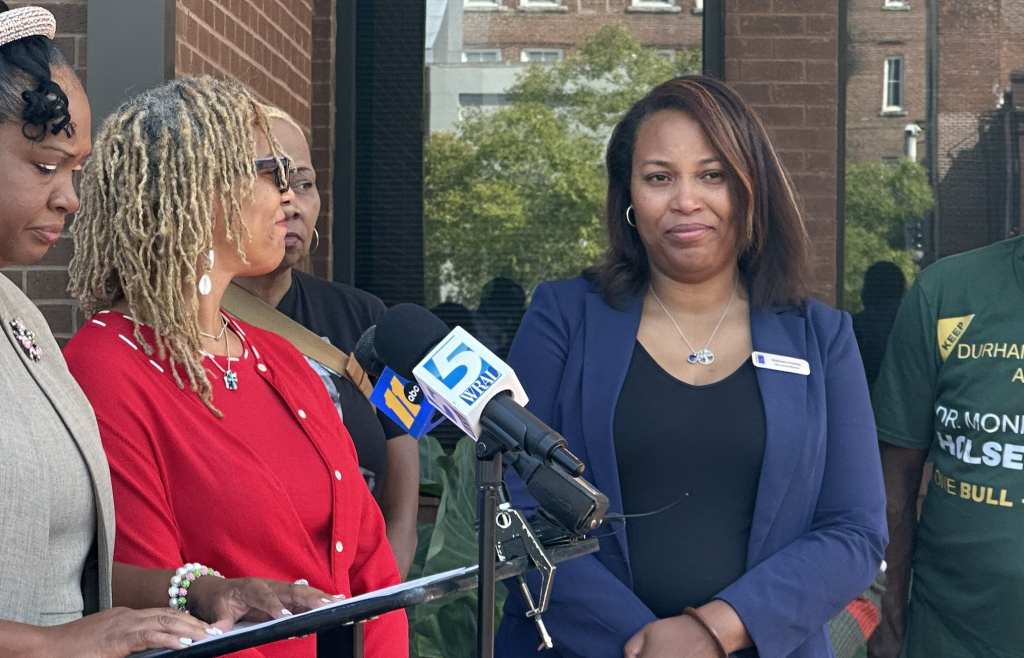 Durham City Council Member DeDreana Freeman (right) is seen being recognized by Mayor Elaine O'Neal (middle) at the Press Conference on September 20th, 2023 for her support for City Council Member Monique Holsey-Hyman during the SBI investigation.