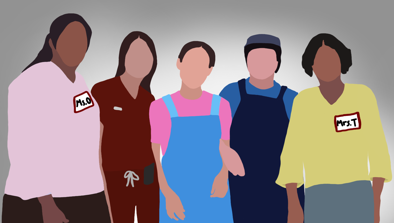 A graphic of five domestic workers standing together