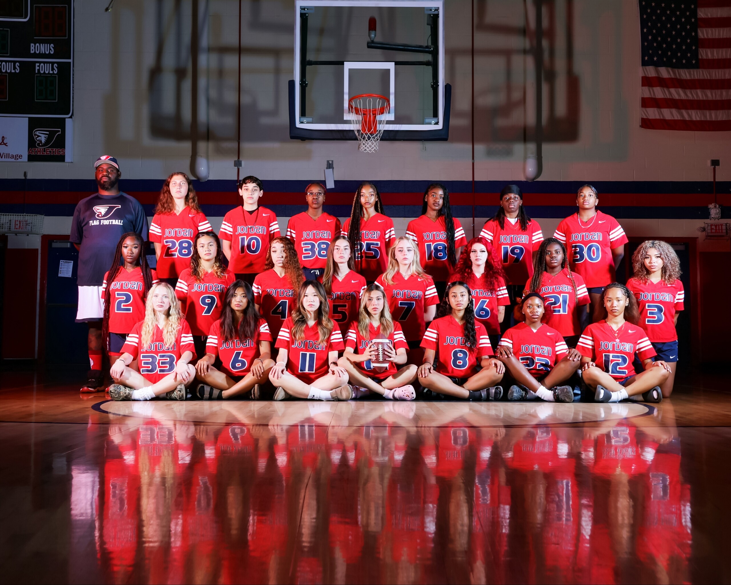 Jordan High School Women's Flag Football team picture, all in uniform