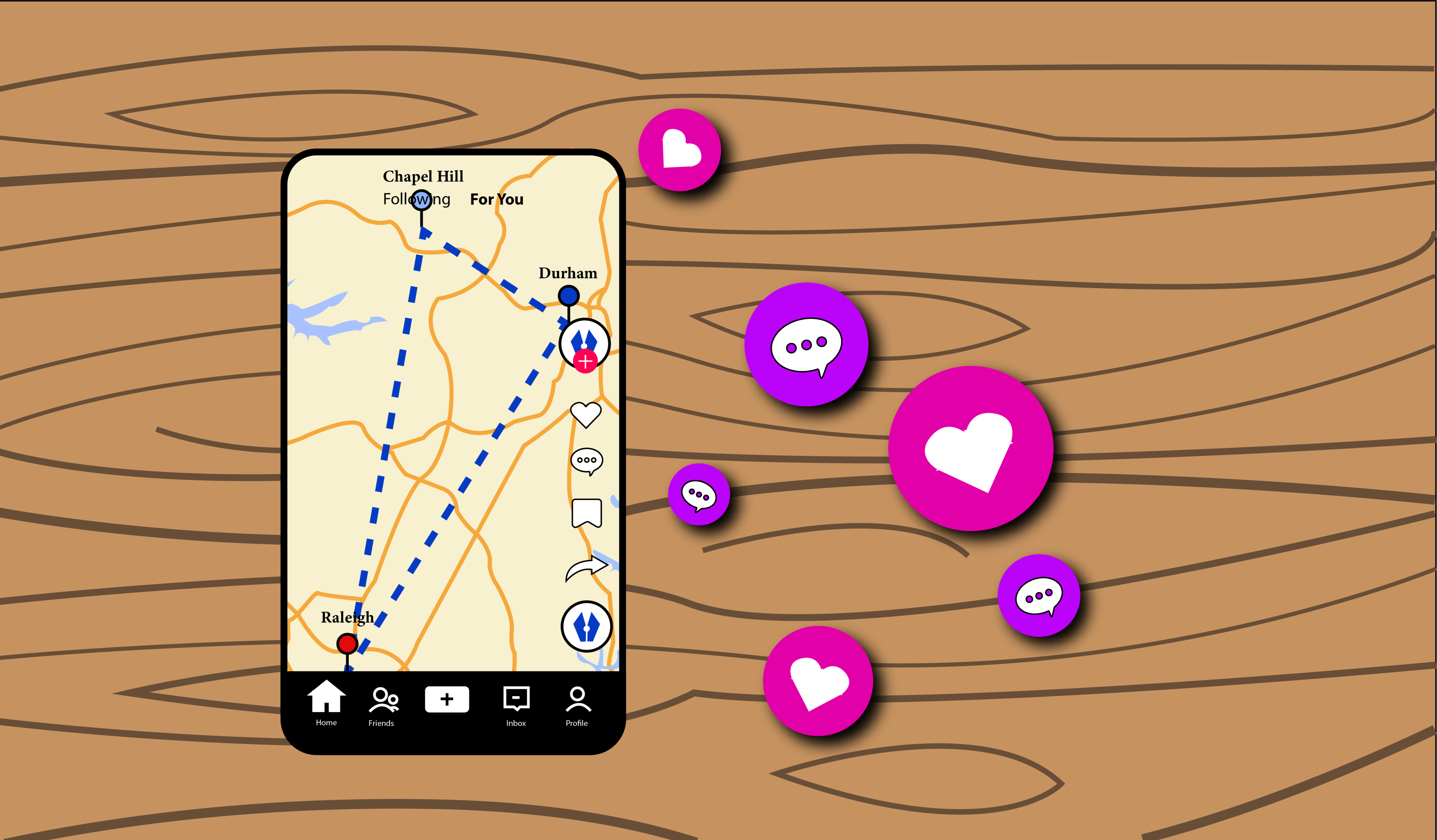 A graphic of a phone on the TikTok For You Page shows the NC Triangle, connected by dotted lines. Bubbles of like and comment icons float next to the phone.