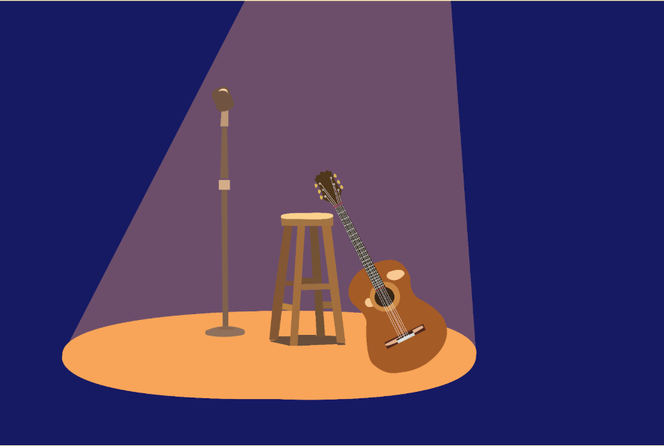 A graphic with a microphone on a microphone stand, a stool, and a guitar leaning against that stool. All of these objects stand under an orange spotlight against a dark blue background.